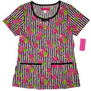 Koi Scrub Top B100PR-FAS Flowers and Stripes Rose